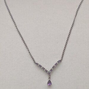 Vintage Sterling Silver Amethyst Tear Drop Clear Stone Drop Pendant Y Necklace